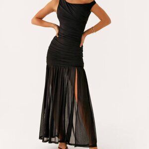 Black off shoulder and backless semi sheer maxi dress